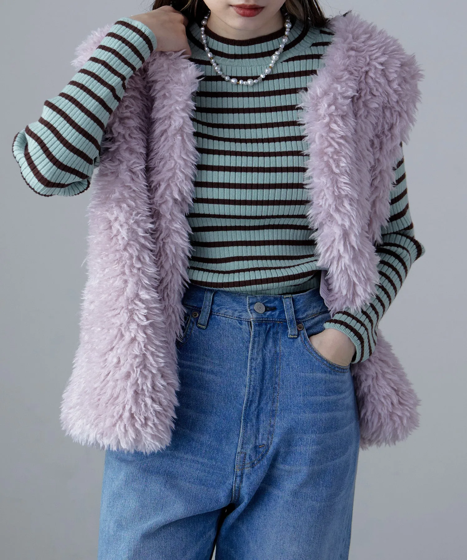 Mock neck border rib tops