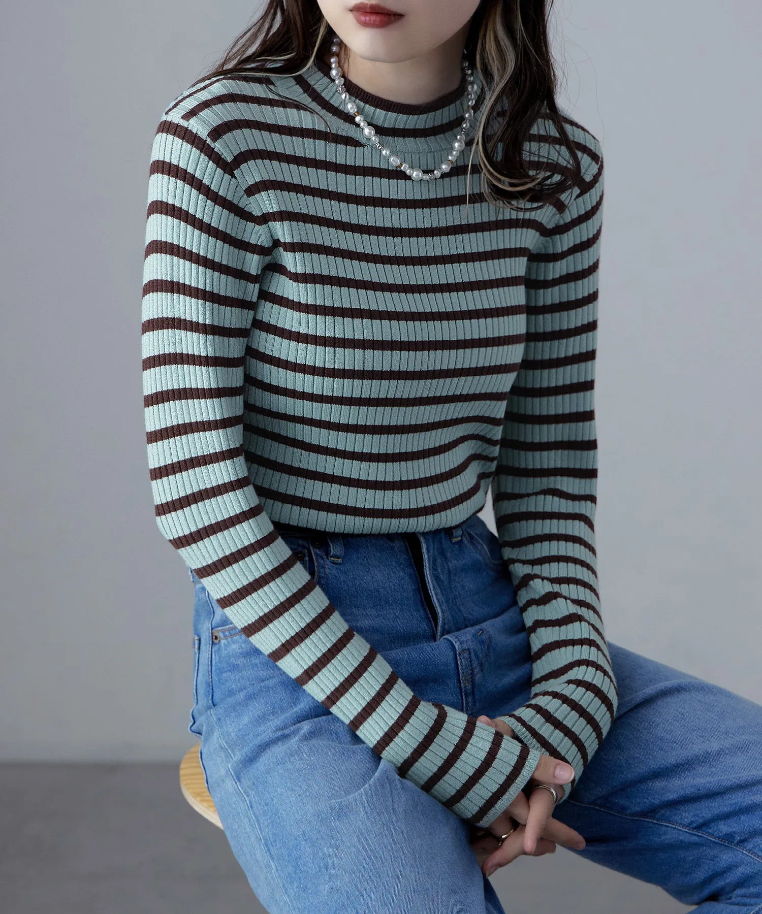 Mock neck border rib tops