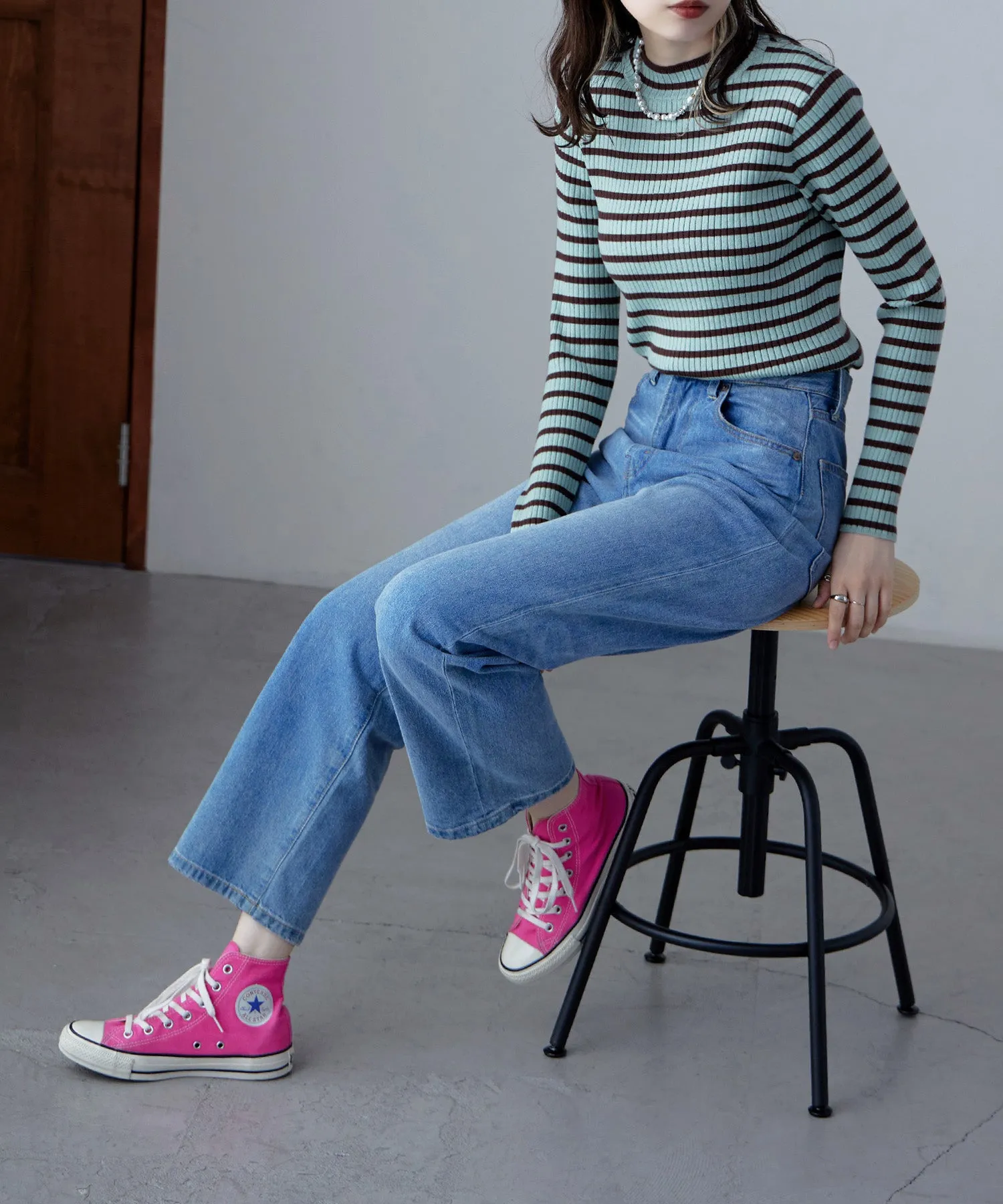 Mock neck border rib tops
