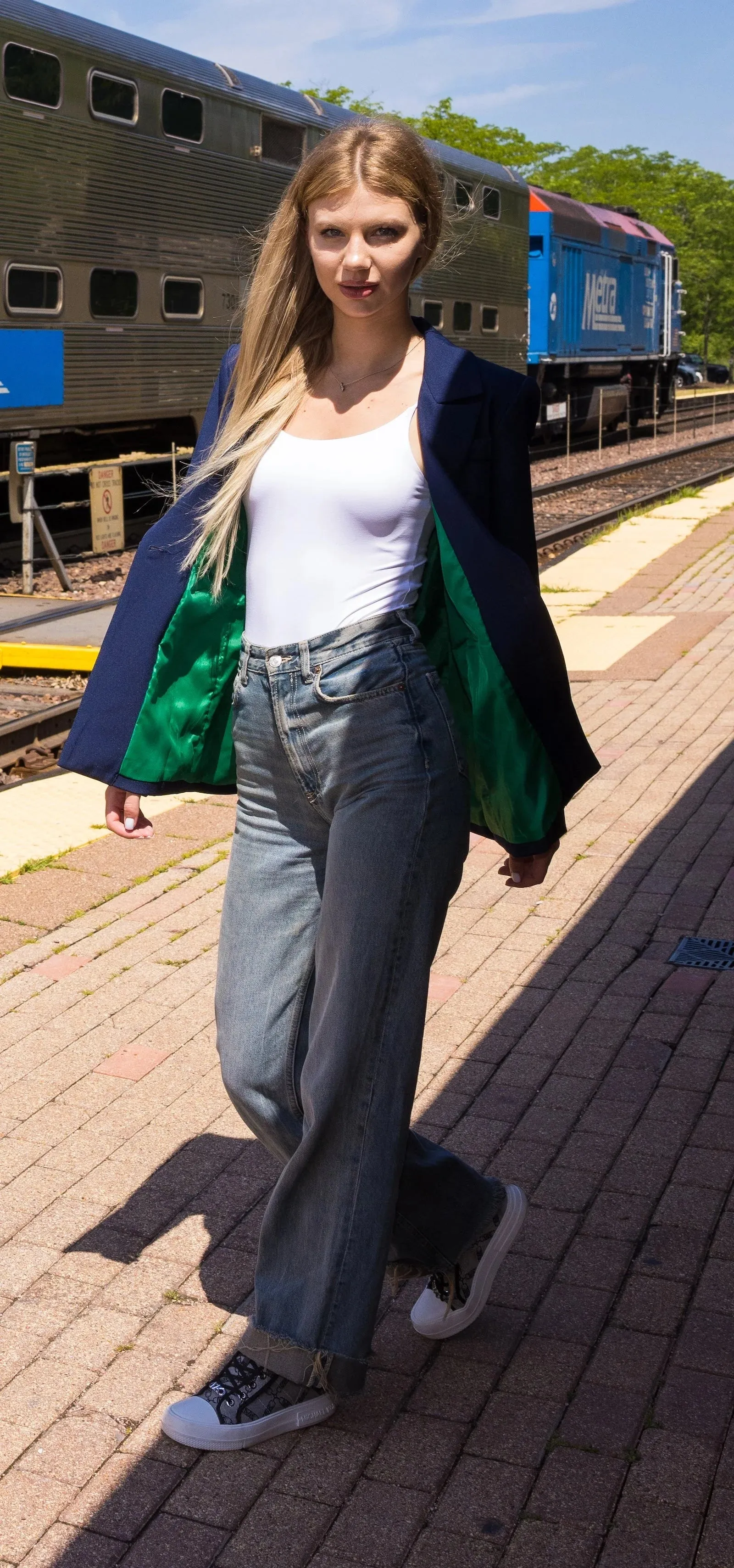 Navy Blazer with Circle Lightning Bolt & Green Lining