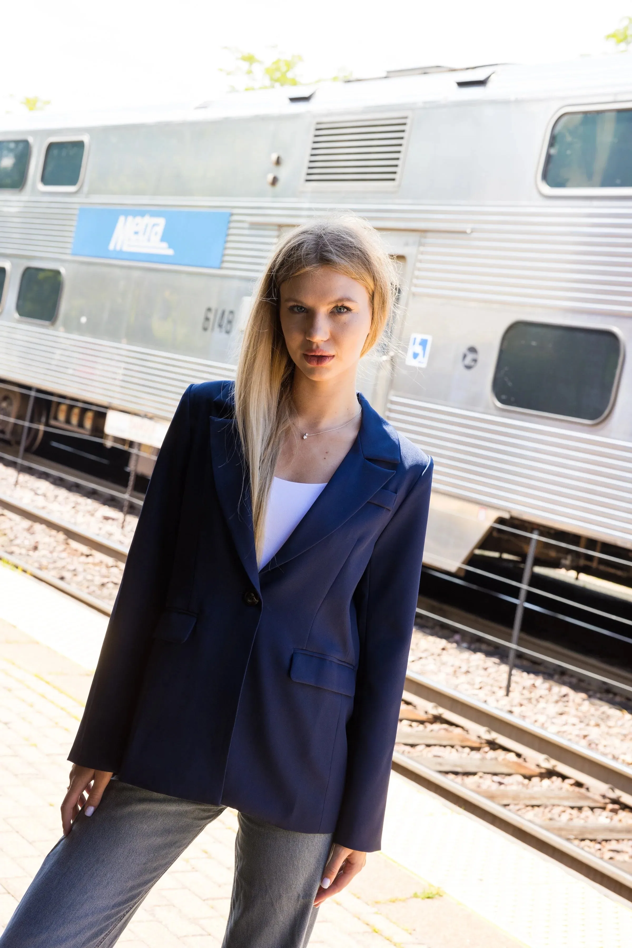 Navy Blazer with Circle Lightning Bolt & Green Lining