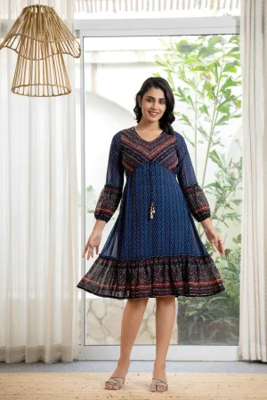 Navy Ethnic Motif Printed Georgette Dress With Sequins & Doris