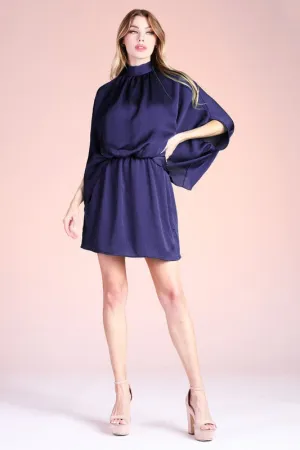 Navy Hammered Satin Mock Neck Caftan Mini Dress