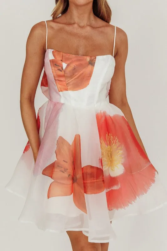 Off White Floral Print Babydoll Mini Dress