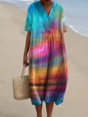Oil Painting Sunset Scenery Art Printed Women's Flowy Dress