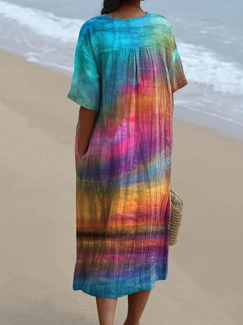 Oil Painting Sunset Scenery Art Printed Women's Flowy Dress