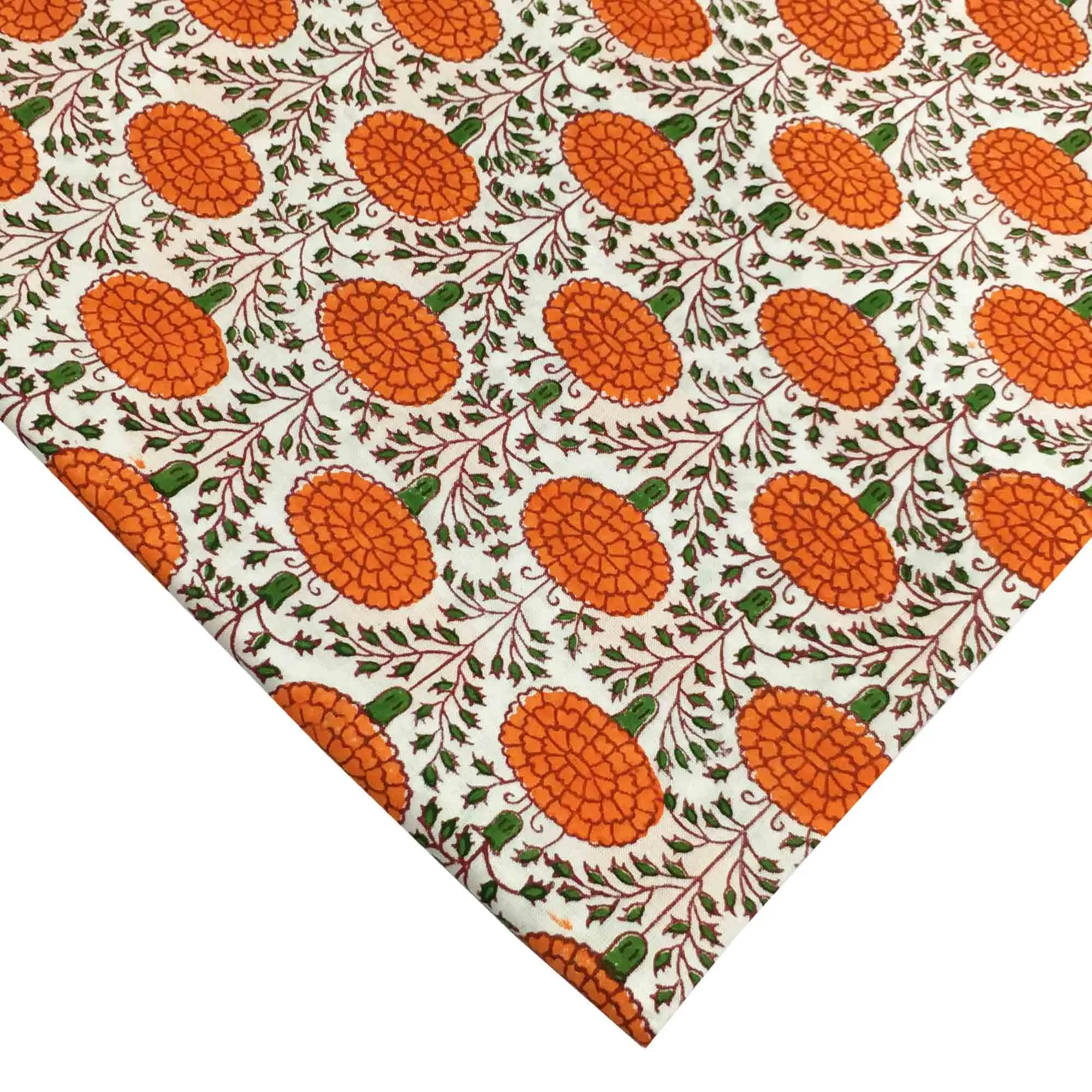 Orange Floral Hand Block Printed Cotton Fabric