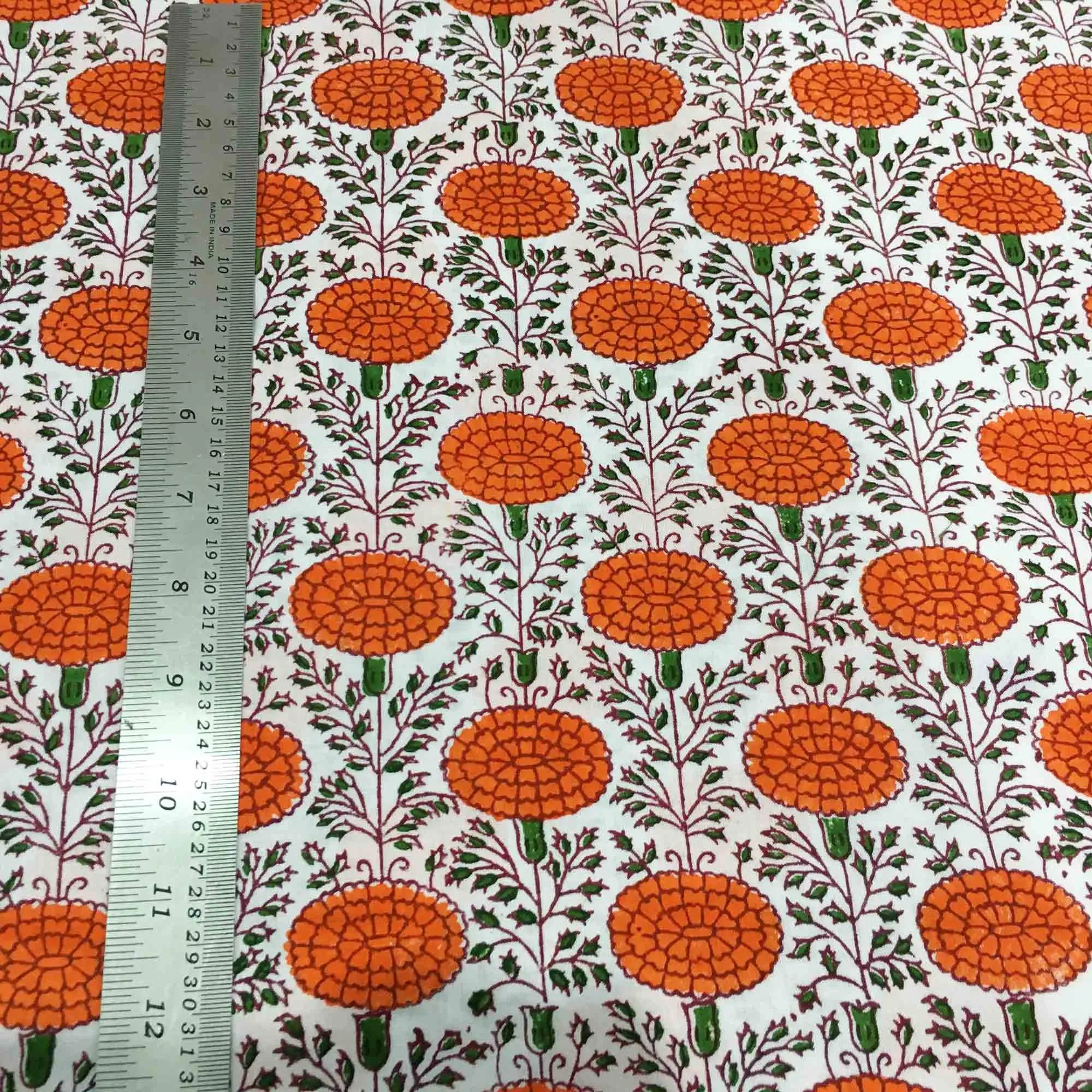 Orange Floral Hand Block Printed Cotton Fabric