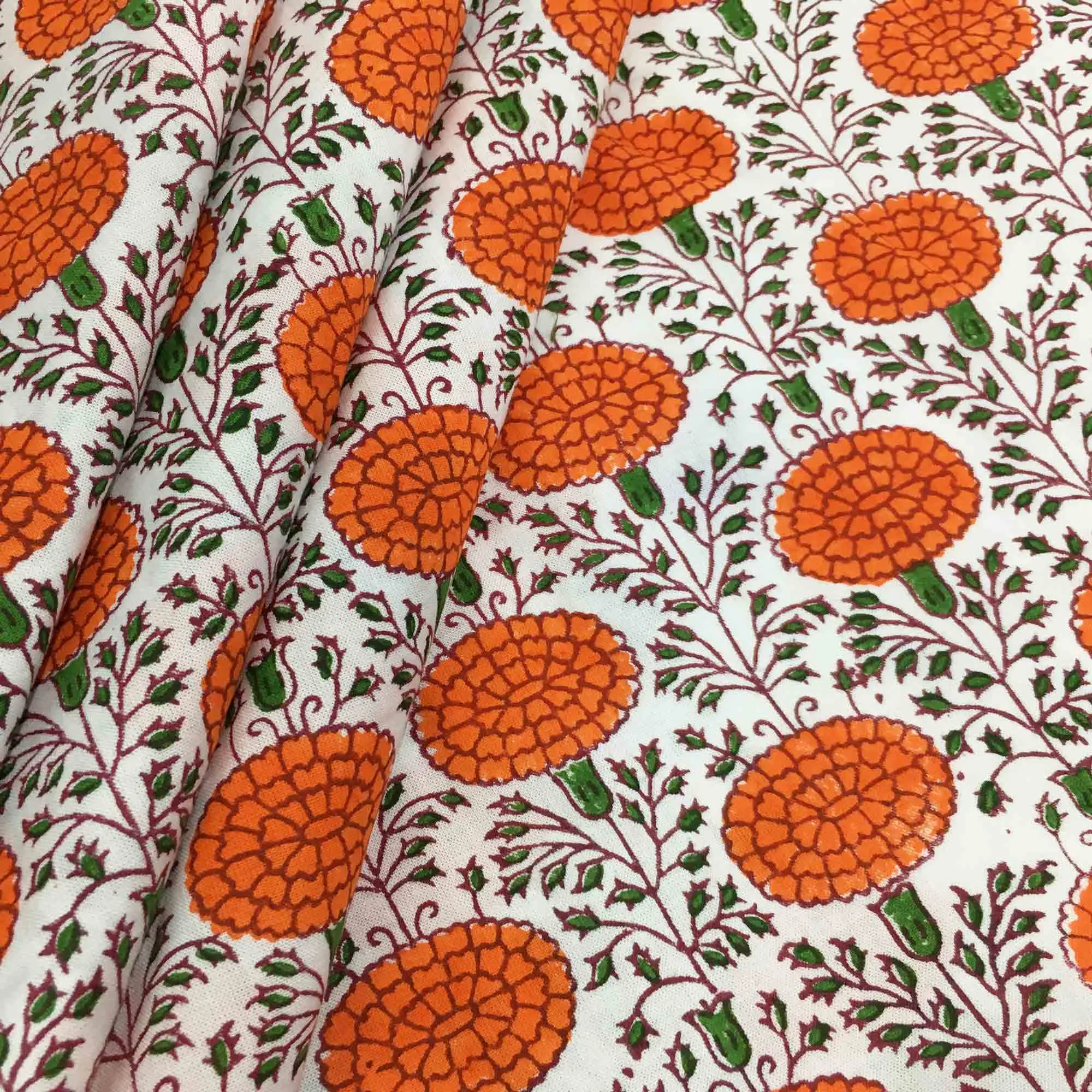 Orange Floral Hand Block Printed Cotton Fabric