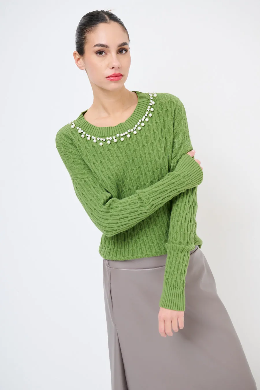 Pearl-embellished cable-knit sweater wholesale