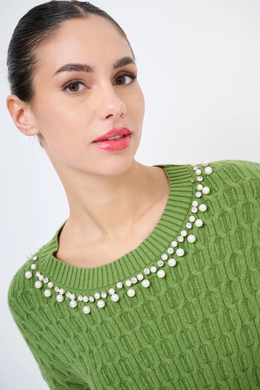 Pearl-embellished cable-knit sweater wholesale