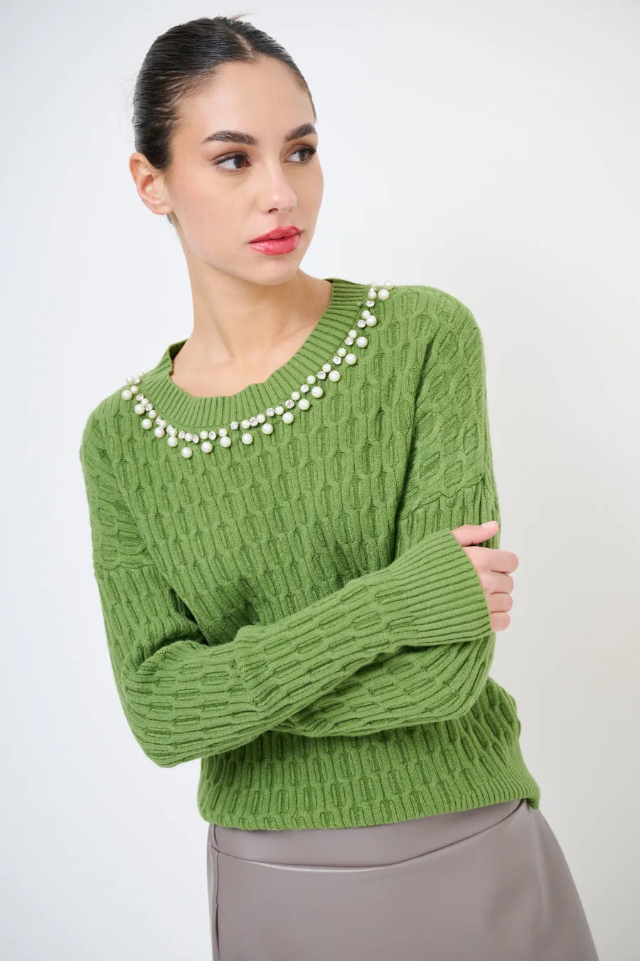 Pearl-embellished cable-knit sweater wholesale