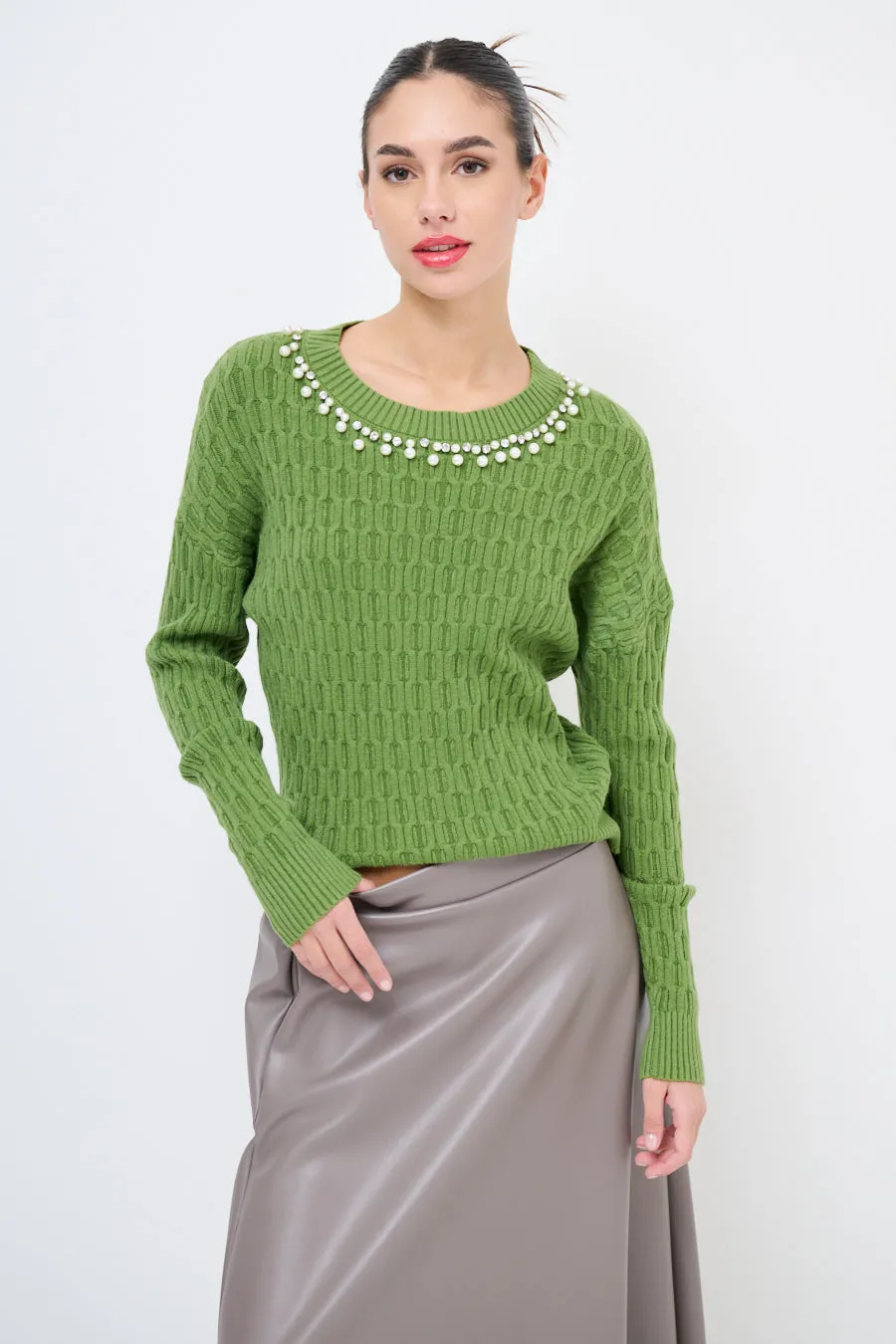 Pearl-embellished cable-knit sweater wholesale