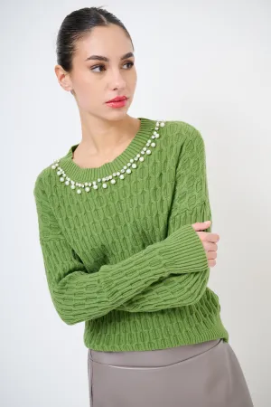 Pearl-embellished cable-knit sweater wholesale