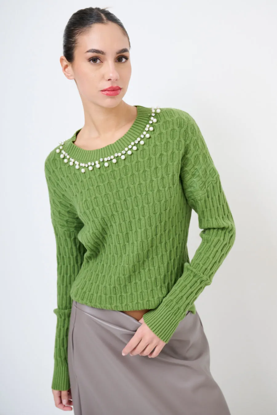 Pearl-embellished cable-knit sweater wholesale