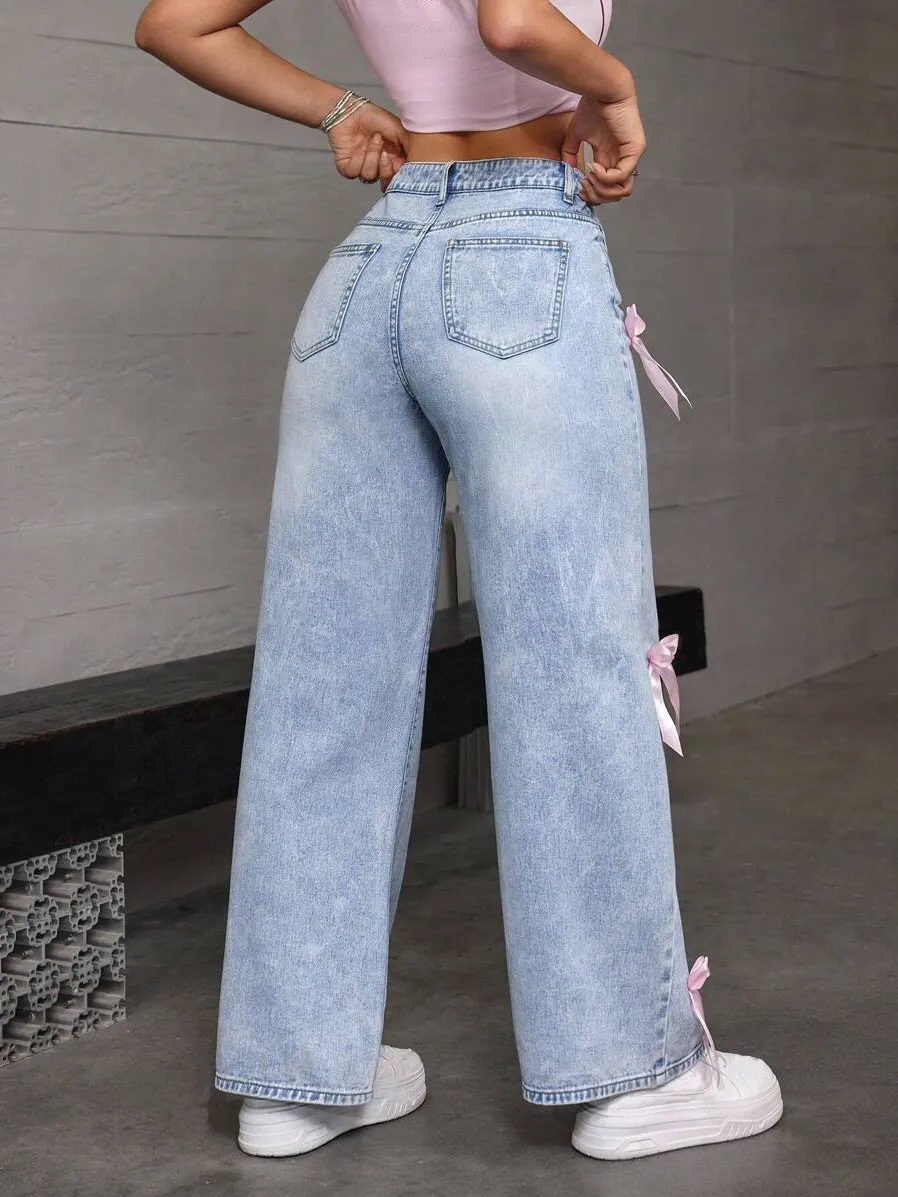 Pink Light-Wash High-Waisted Jeans, Slimming Dopamine Butterfly Knot, Ins Wide-Leg Loose Fit, Floor-Length Design