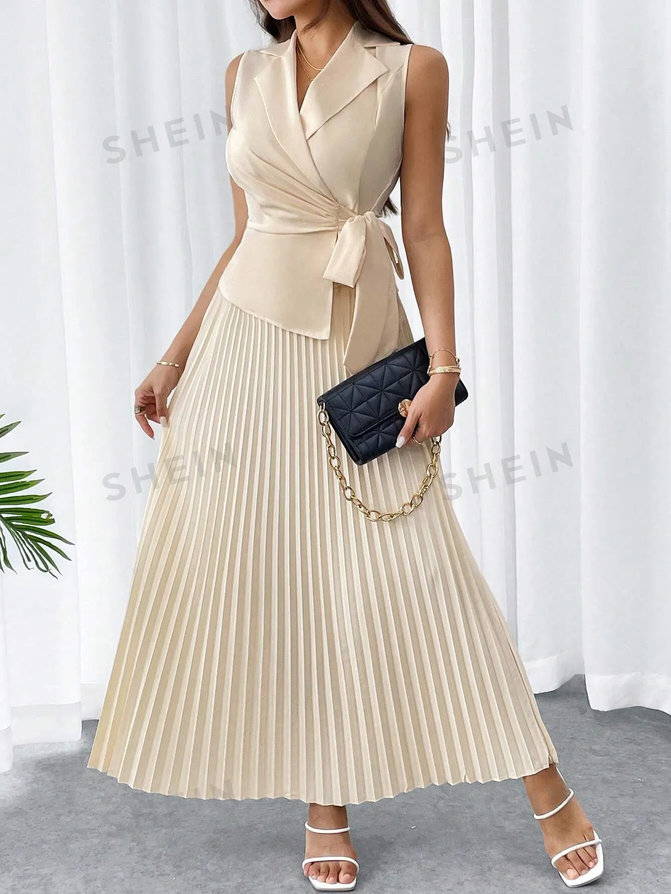 Privé Women's Summer Minimalist & Elegant Commuter Style Work/Business Khaki Wrap Belted Bow Suit Vest & Pleated Maxi Skirt