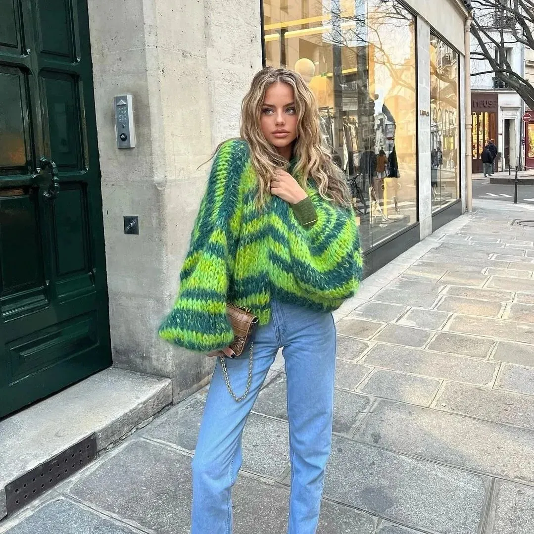 Purpdrank - Colorful Strip Knitted Oversized Long Sleeve Crop Cardigans Women Loose Elegant Open Front Sweaters Autumn Chic High Streetwears