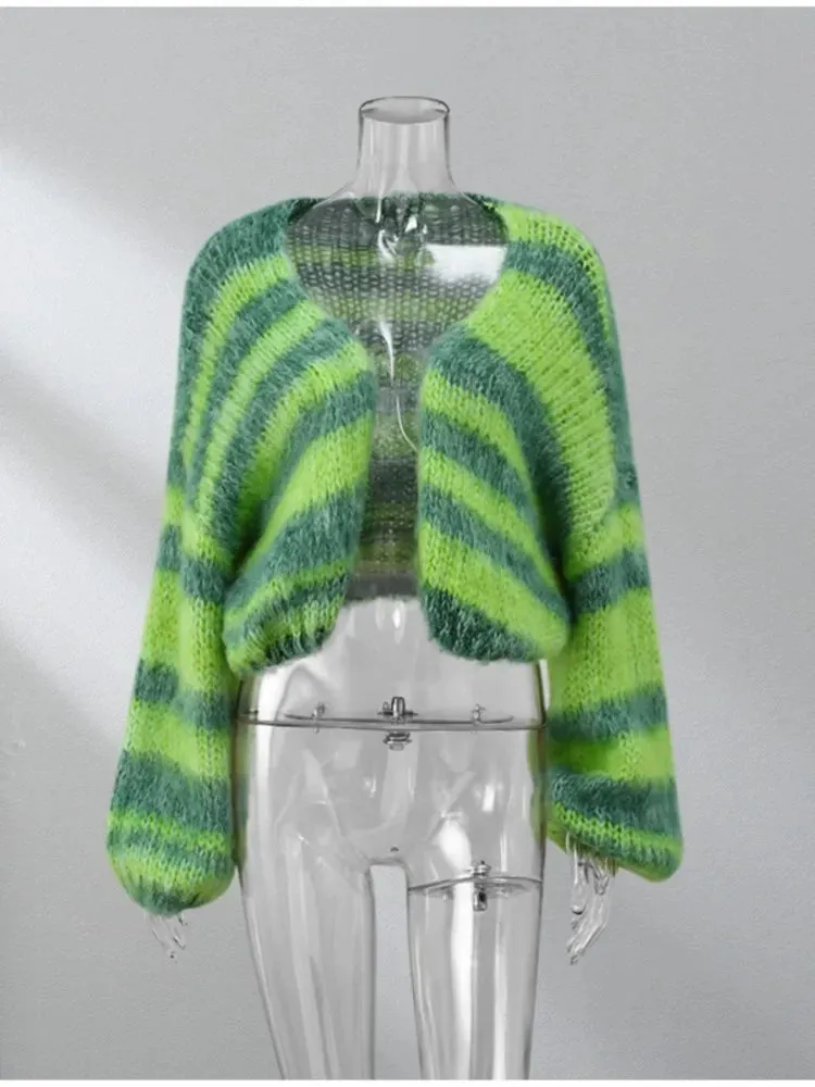 Purpdrank - Colorful Strip Knitted Oversized Long Sleeve Crop Cardigans Women Loose Elegant Open Front Sweaters Autumn Chic High Streetwears