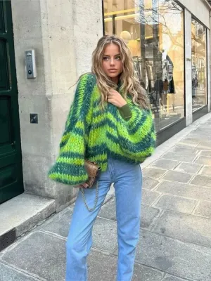 Purpdrank - Colorful Strip Knitted Oversized Long Sleeve Crop Cardigans Women Loose Elegant Open Front Sweaters Autumn Chic High Streetwears