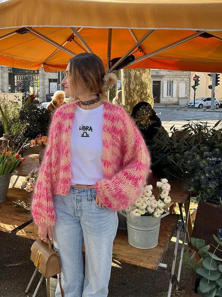 Purpdrank - Colorful Strip Knitted Oversized Long Sleeve Crop Cardigans Women Loose Elegant Open Front Sweaters Autumn Chic High Streetwears