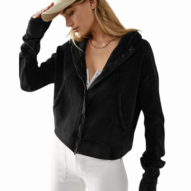 Ribbed Black Zip Up Hooded Cardigan