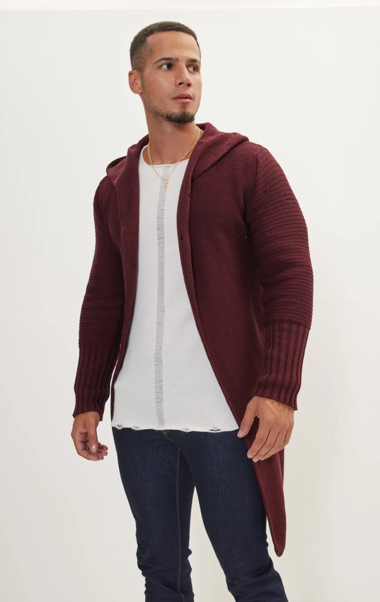 Ribbed Sleeves Fitted Cardigan - Burgundy