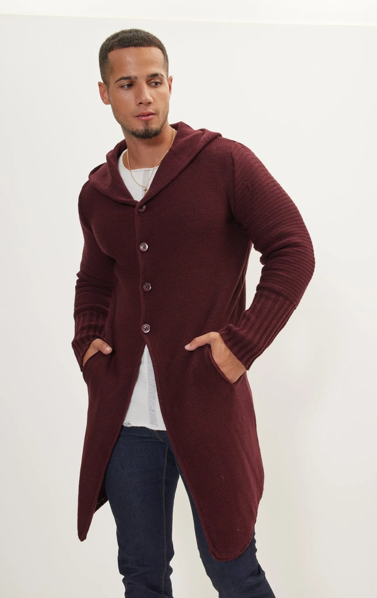 Ribbed Sleeves Fitted Cardigan - Burgundy