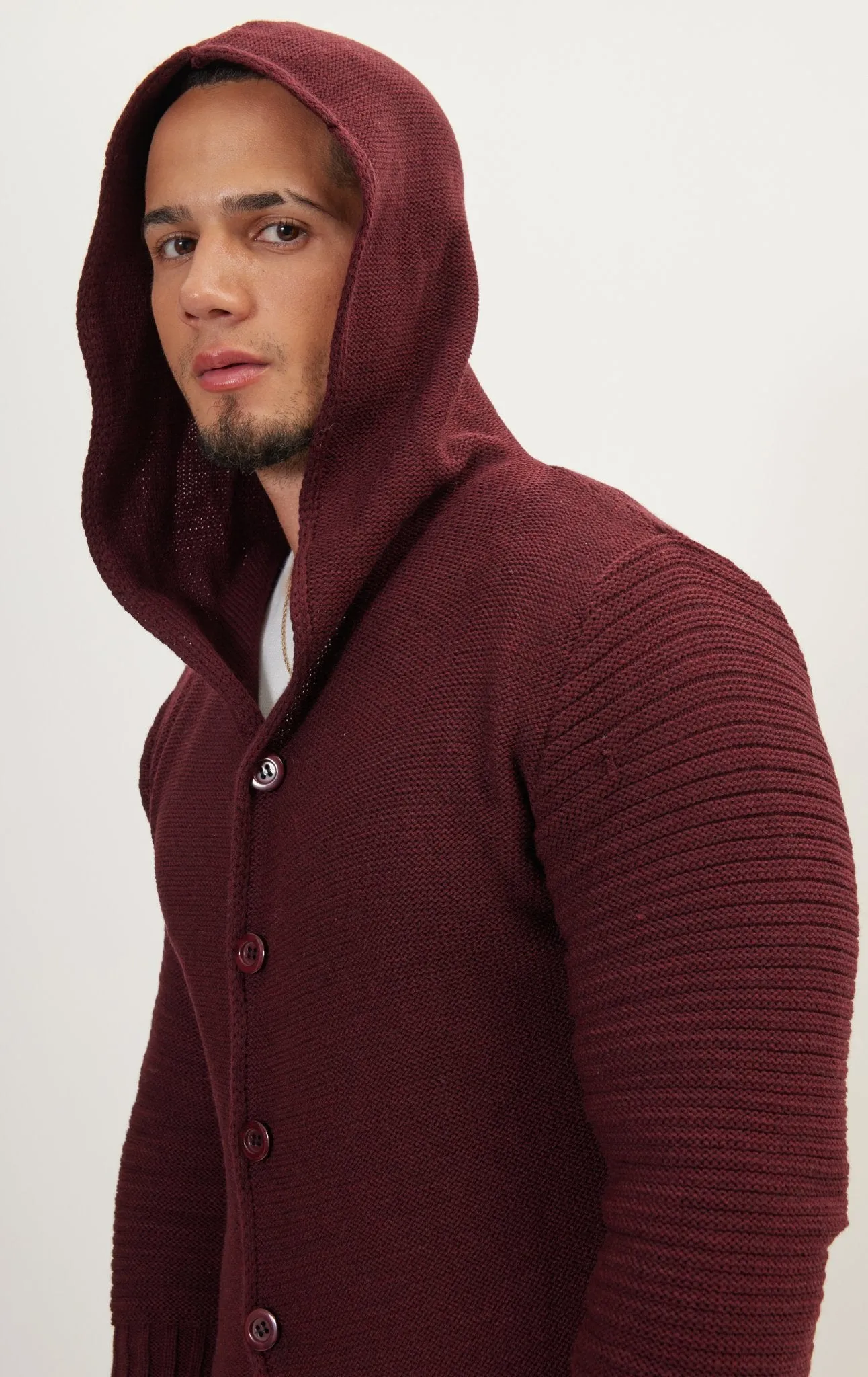 Ribbed Sleeves Fitted Cardigan - Burgundy