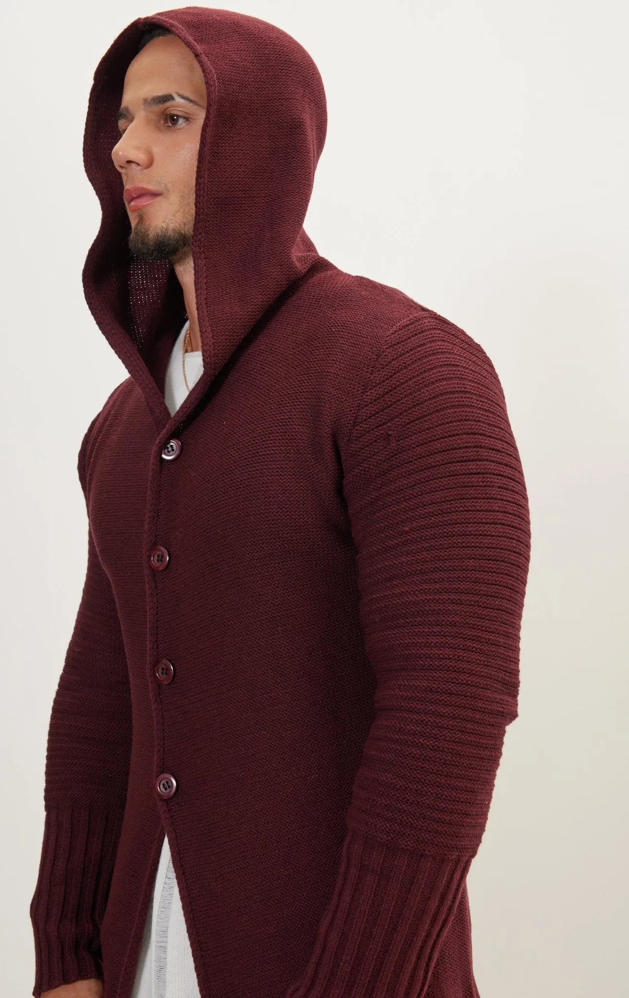 Ribbed Sleeves Fitted Cardigan - Burgundy