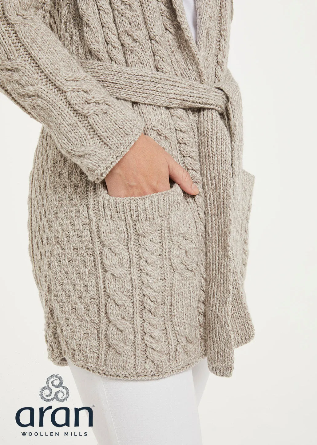 Shawl Neck Aran Belted Cardigan | Oatmeal