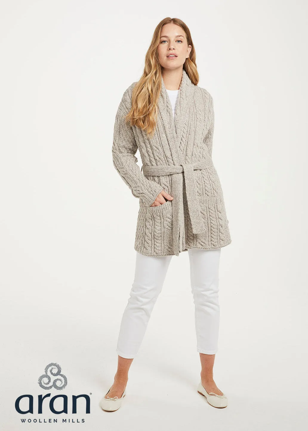 Shawl Neck Aran Belted Cardigan | Oatmeal