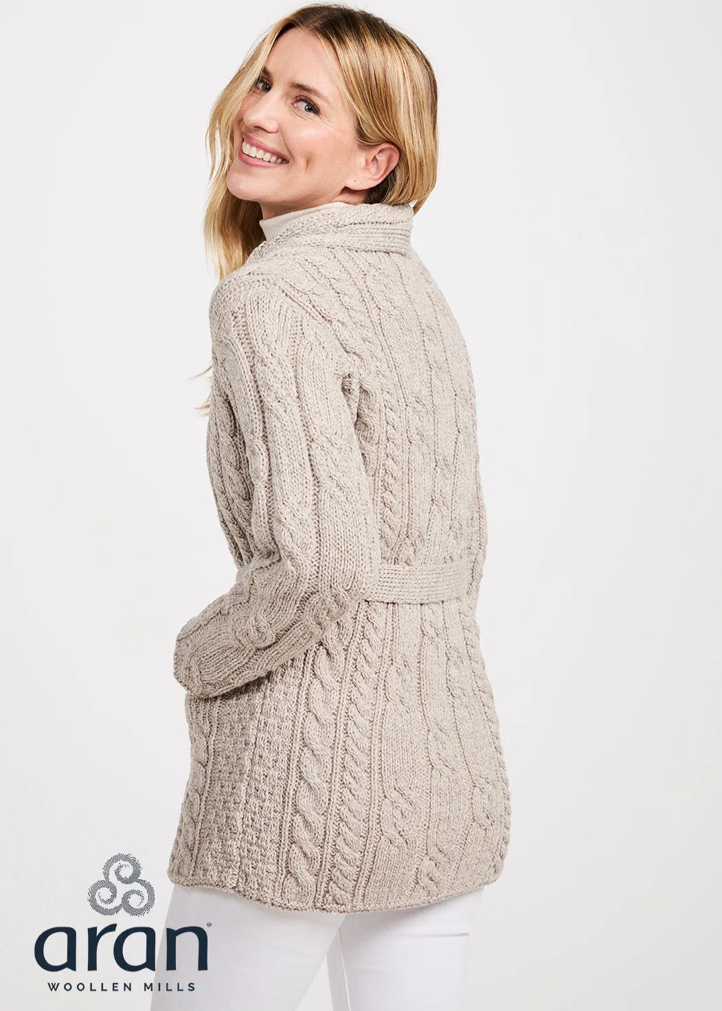 Shawl Neck Aran Belted Cardigan | Oatmeal