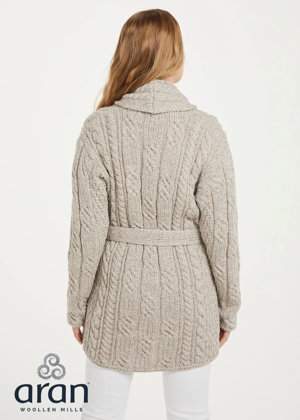 Shawl Neck Aran Belted Cardigan | Oatmeal