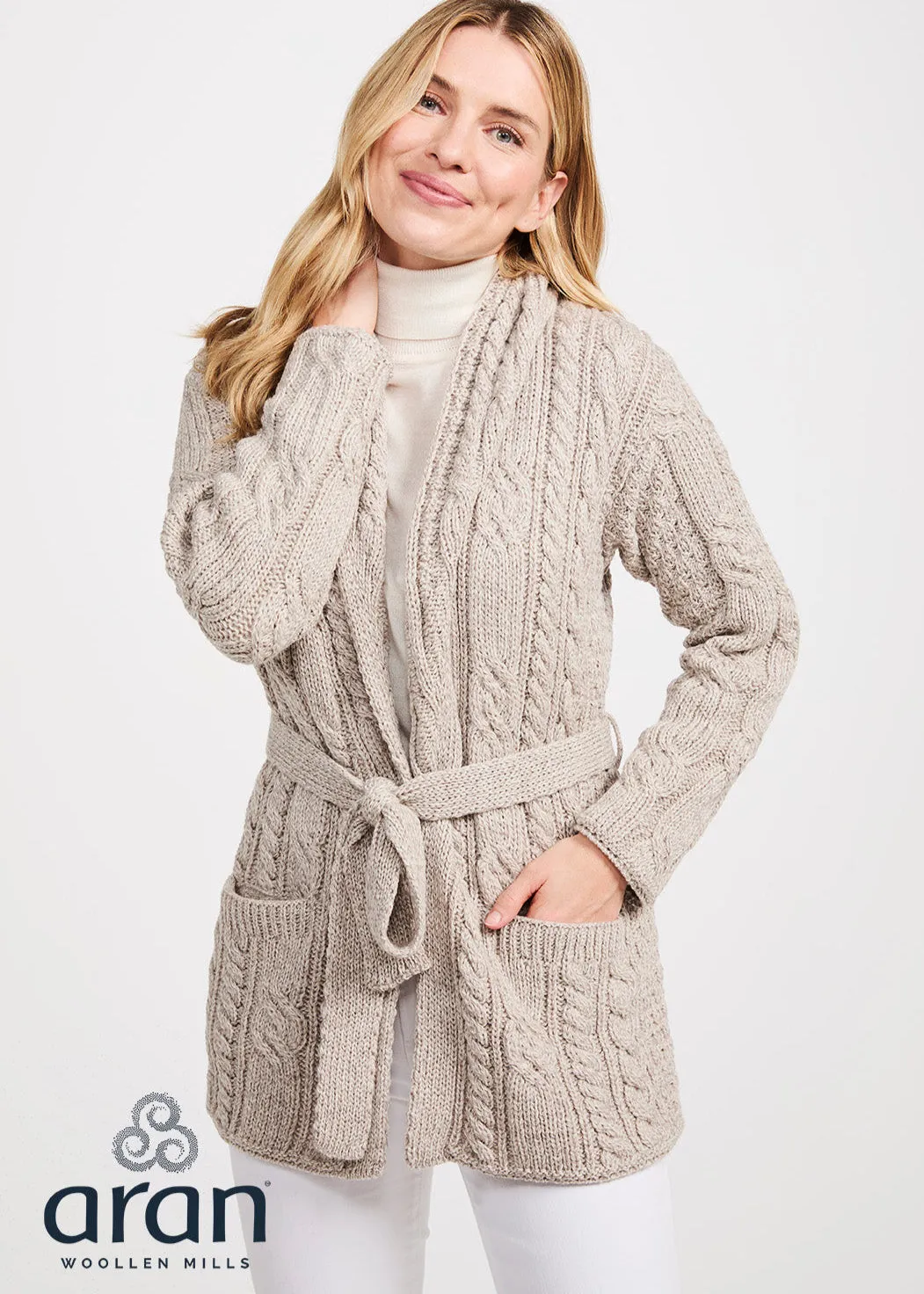 Shawl Neck Aran Belted Cardigan | Oatmeal