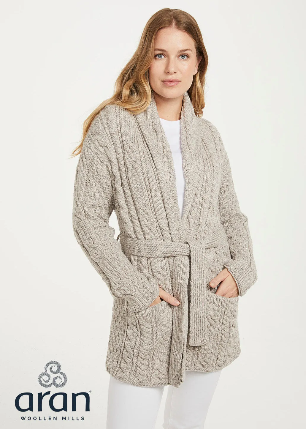 Shawl Neck Aran Belted Cardigan | Oatmeal