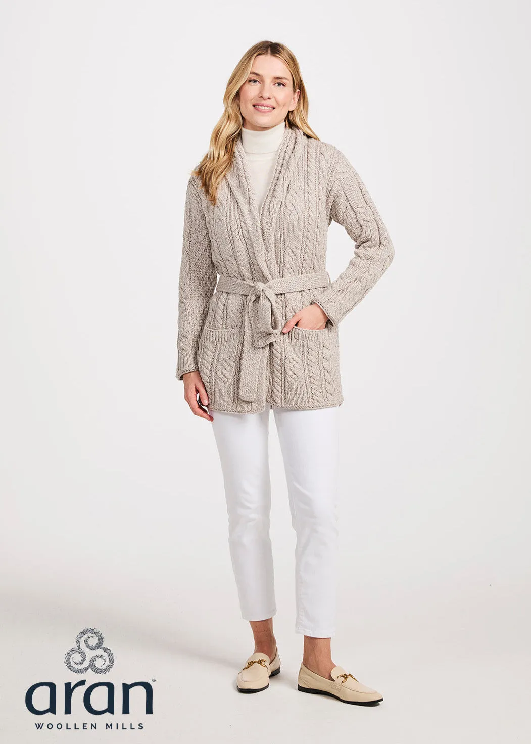 Shawl Neck Aran Belted Cardigan | Oatmeal