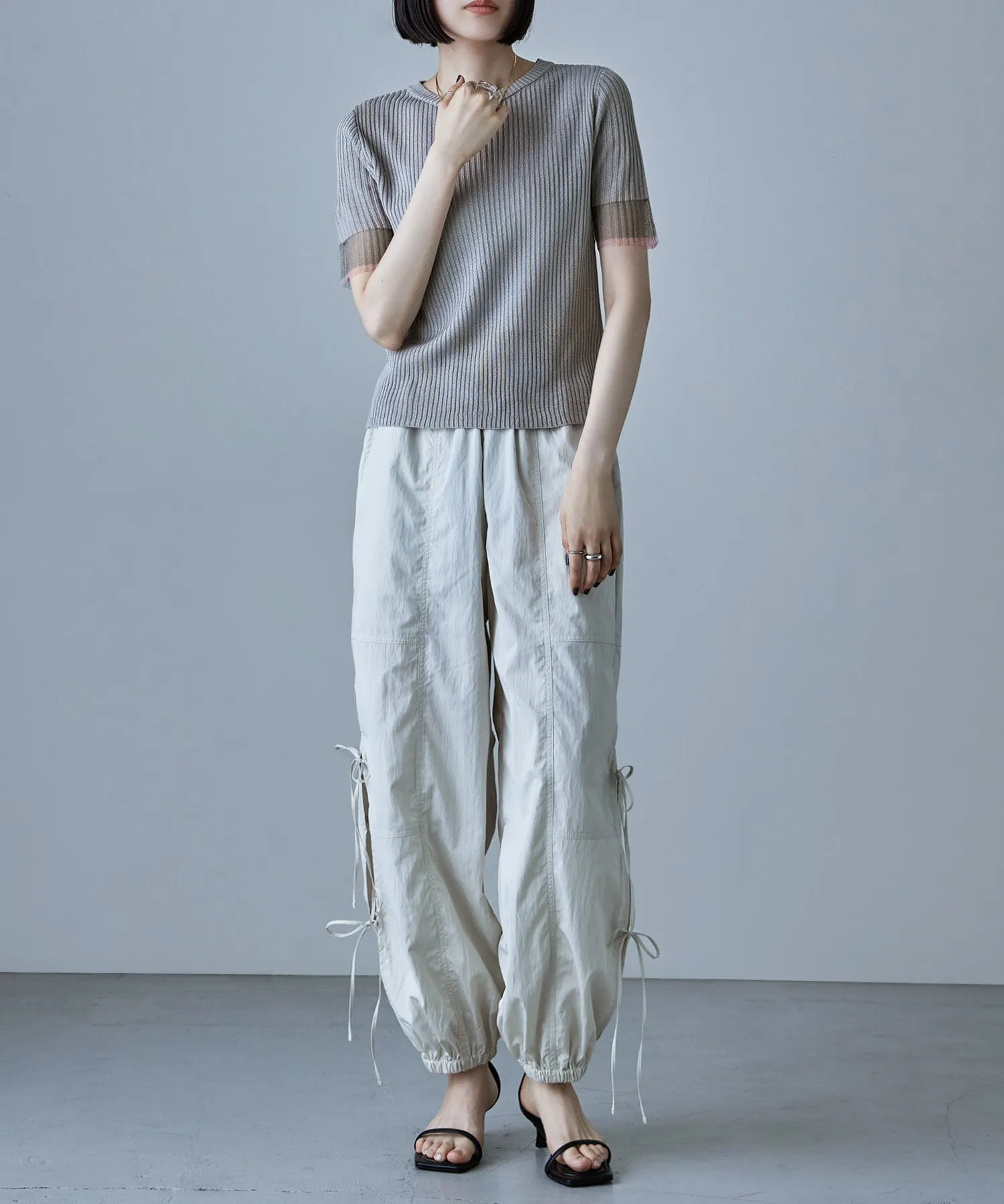 Sheer sleeve bicolor rib tops