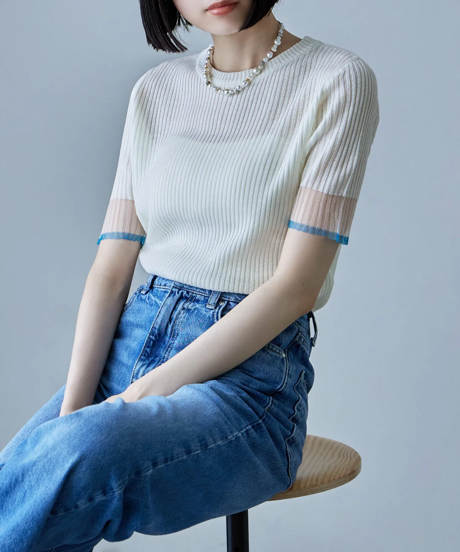 Sheer sleeve bicolor rib tops
