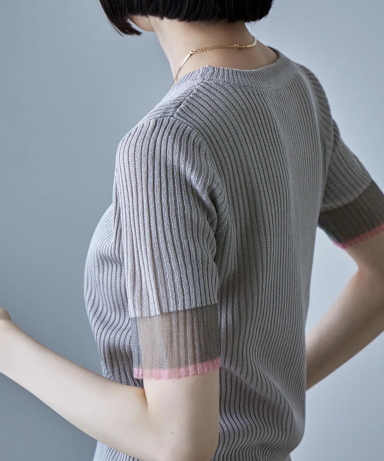 Sheer sleeve bicolor rib tops