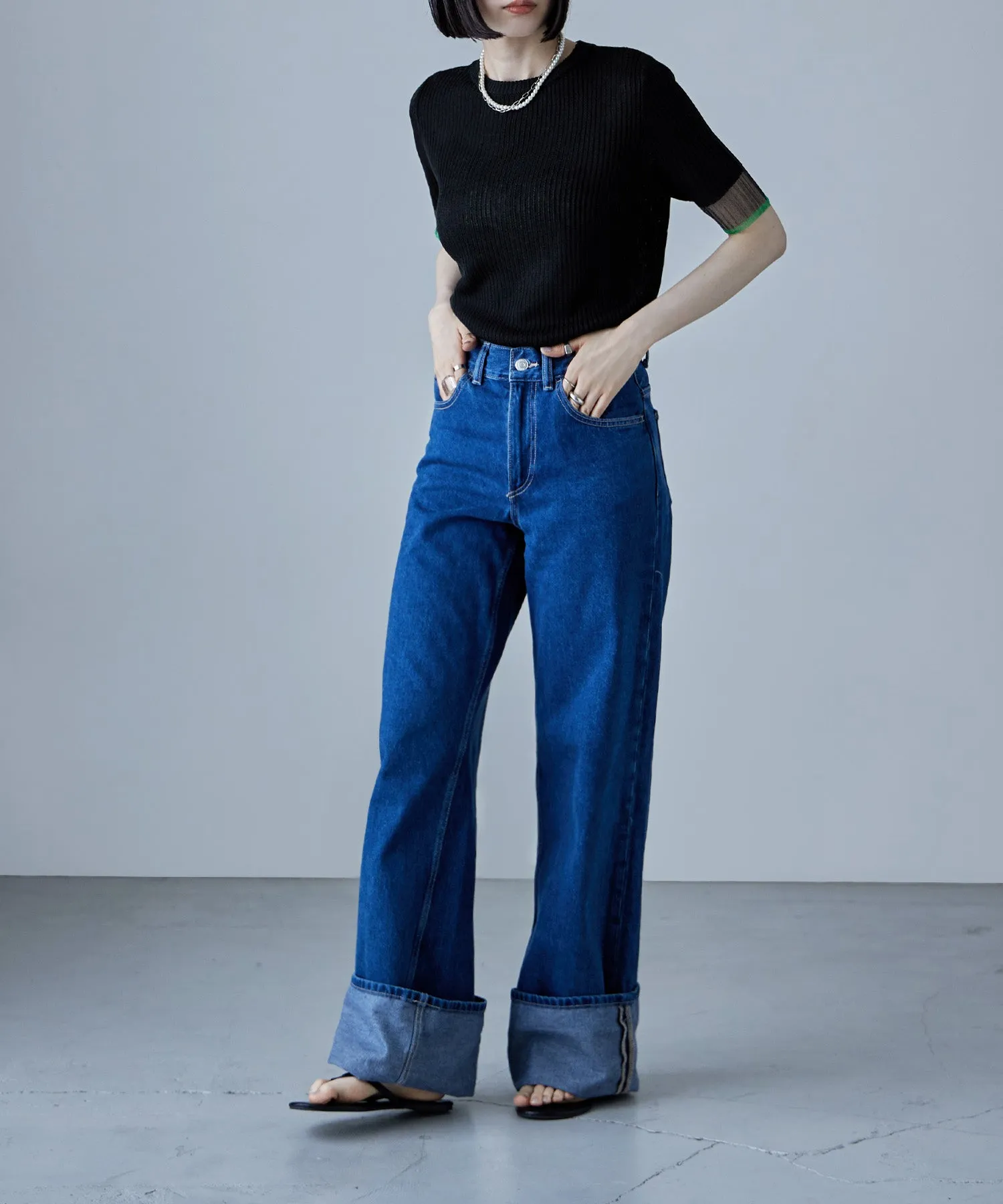Sheer sleeve bicolor rib tops