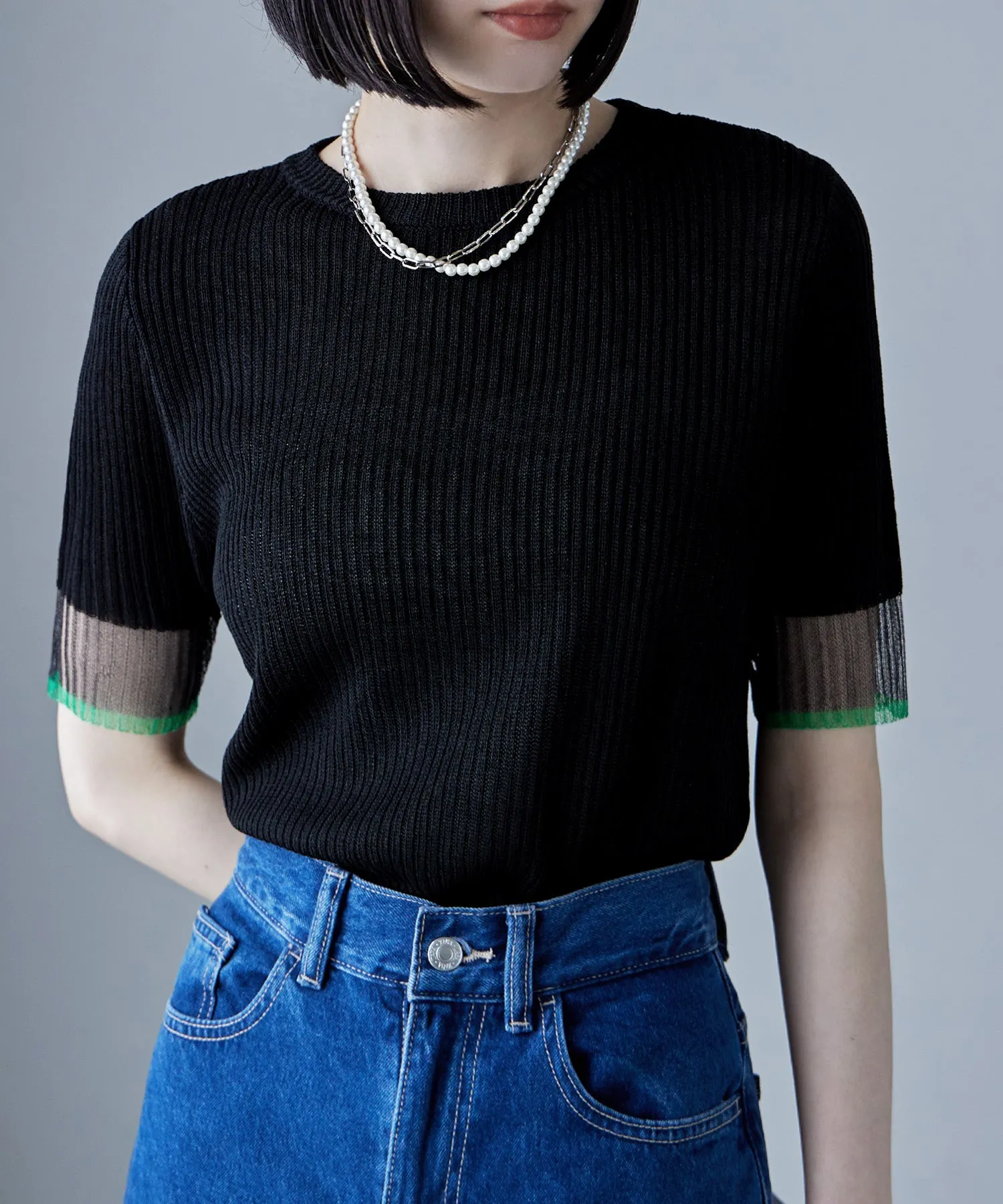Sheer sleeve bicolor rib tops