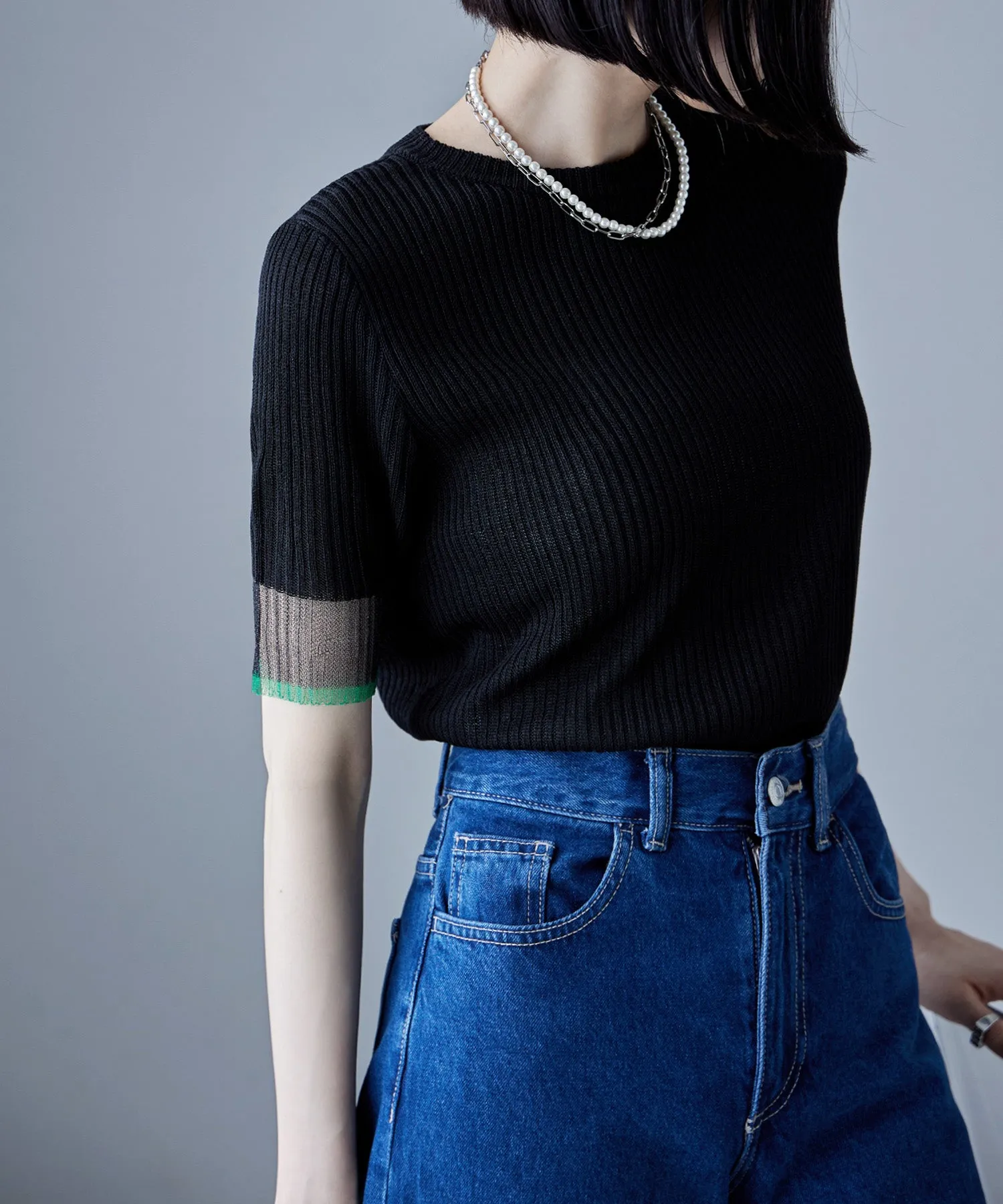 Sheer sleeve bicolor rib tops