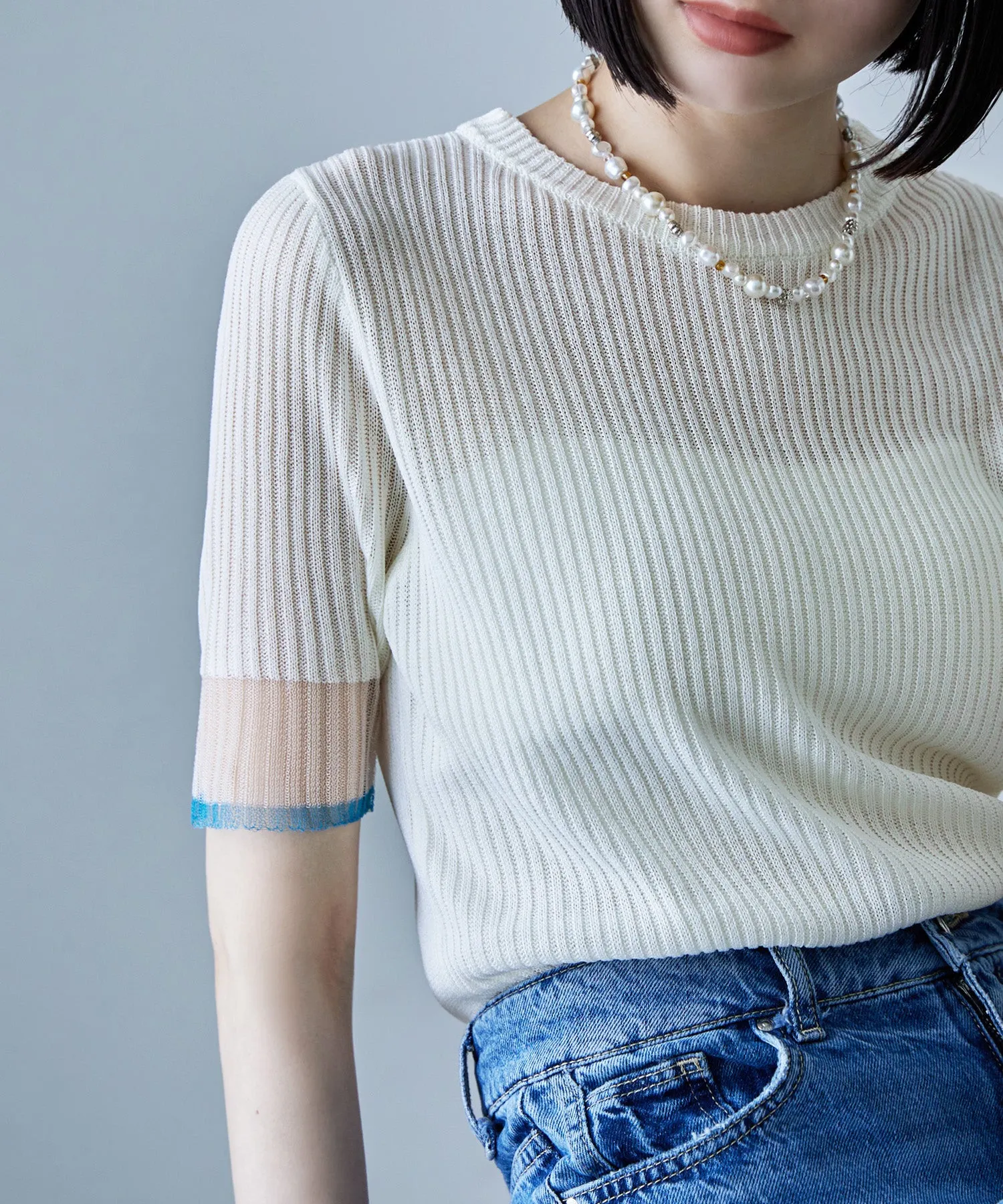 Sheer sleeve bicolor rib tops