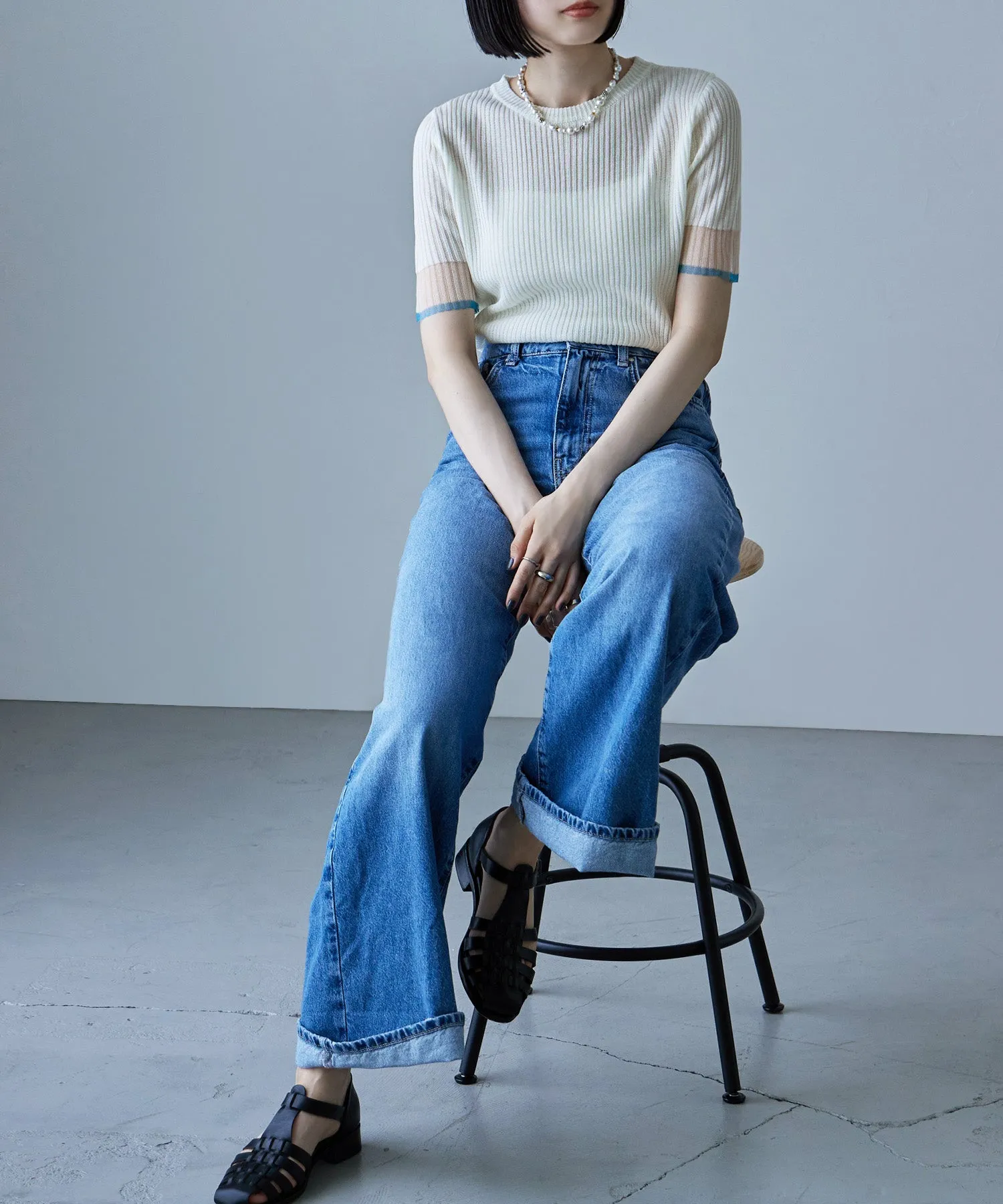 Sheer sleeve bicolor rib tops