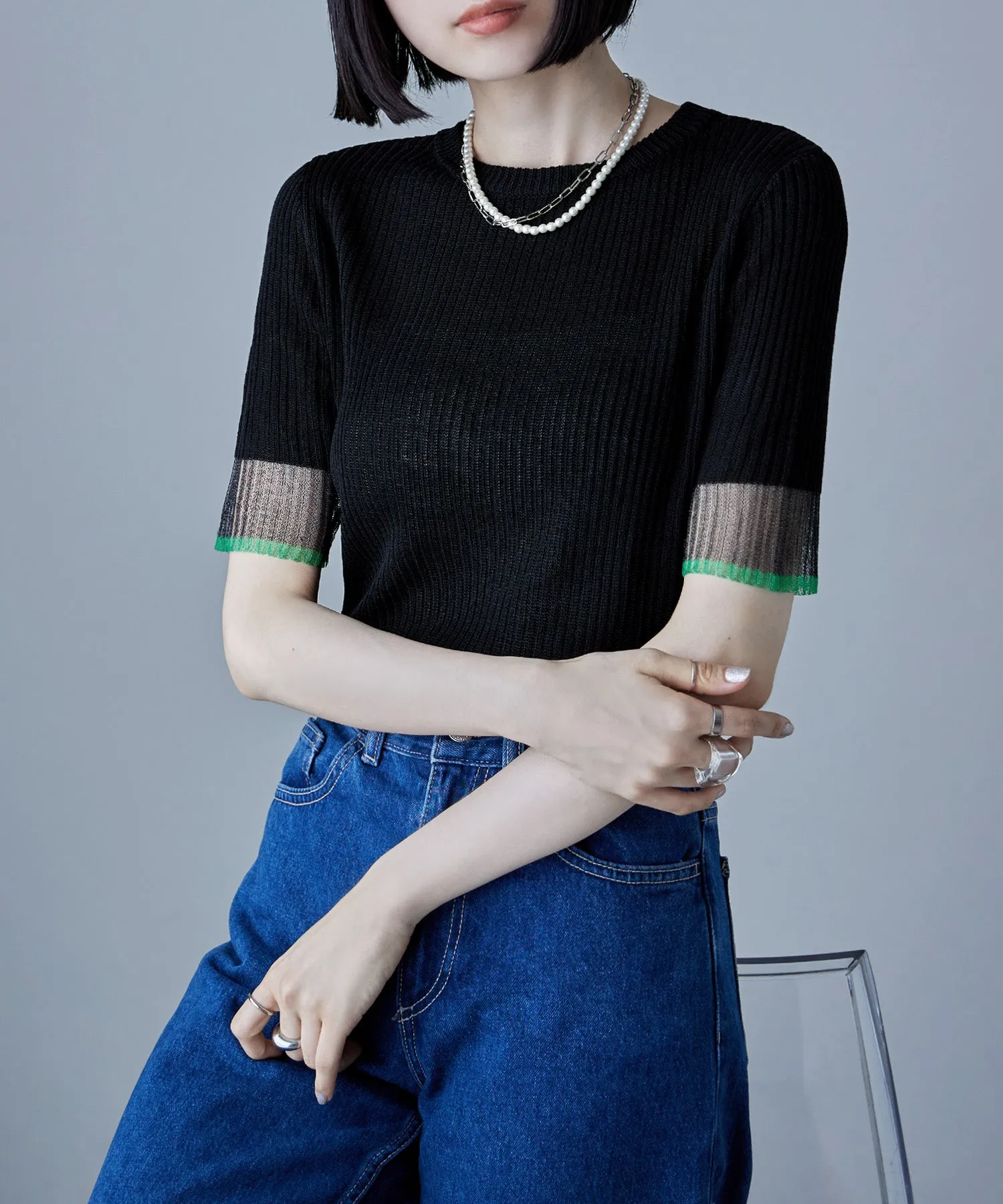 Sheer sleeve bicolor rib tops