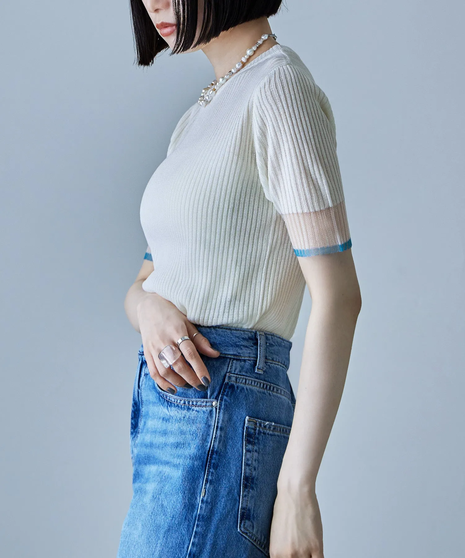 Sheer sleeve bicolor rib tops