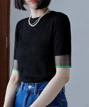 Sheer sleeve bicolor rib tops