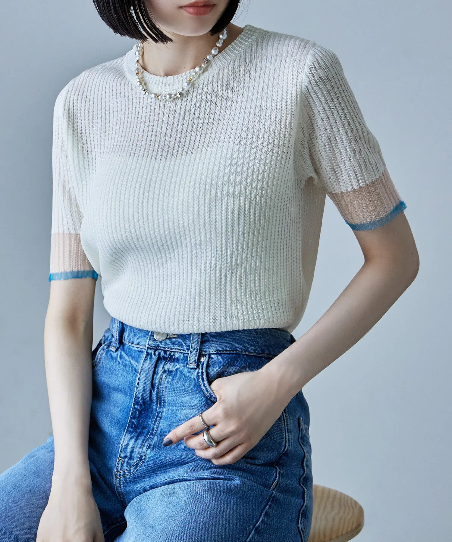 Sheer sleeve bicolor rib tops