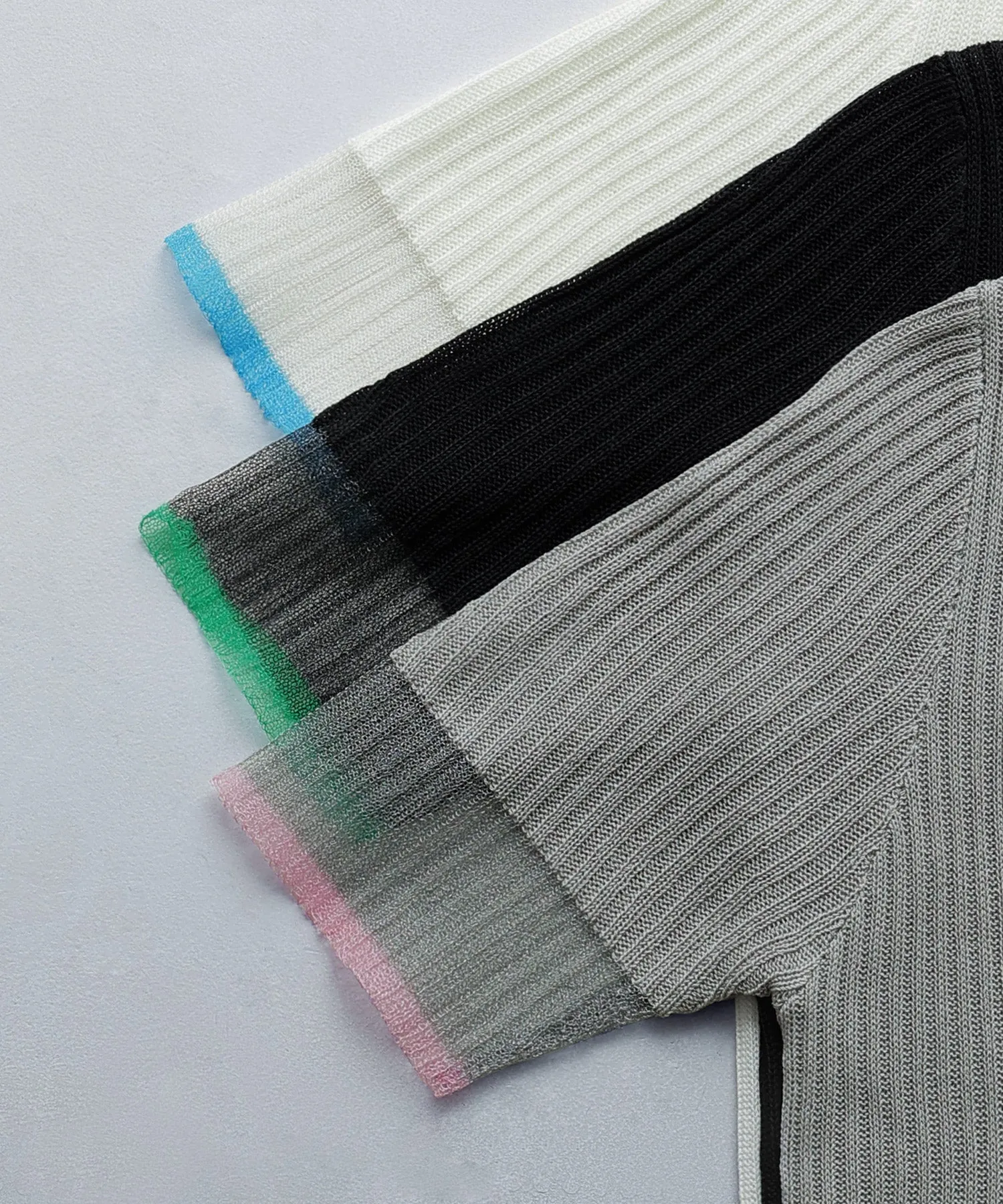 Sheer sleeve bicolor rib tops